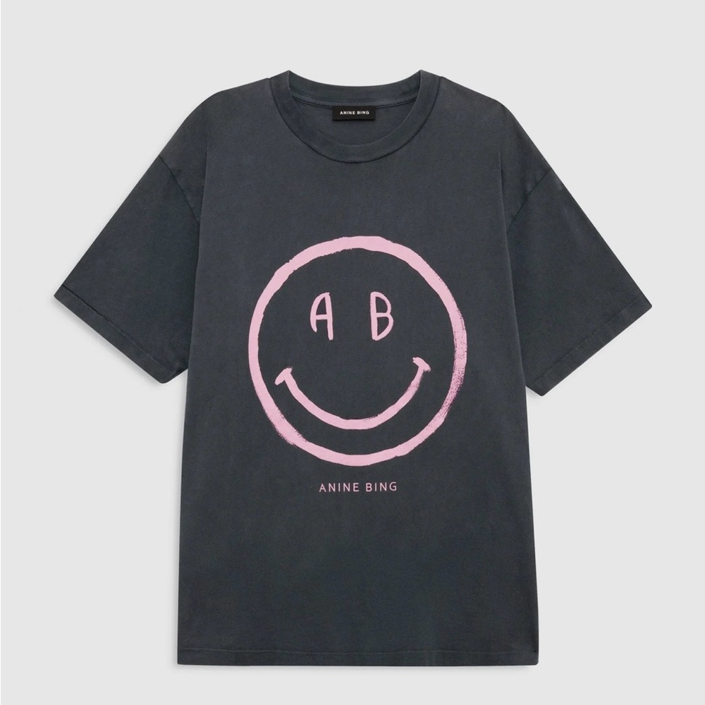 ANINE BING WOMENS CADE SMILEY GRAPHIC TEE SHIRT SIZE MEDIUM WASHED GREY